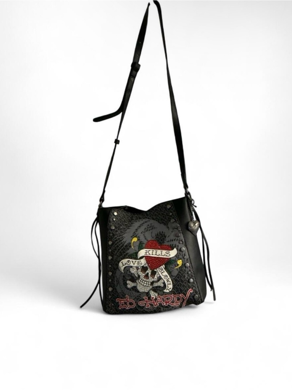 Ed Hardy Black Love Kills Slowly Skull Crossbody Bag NWT